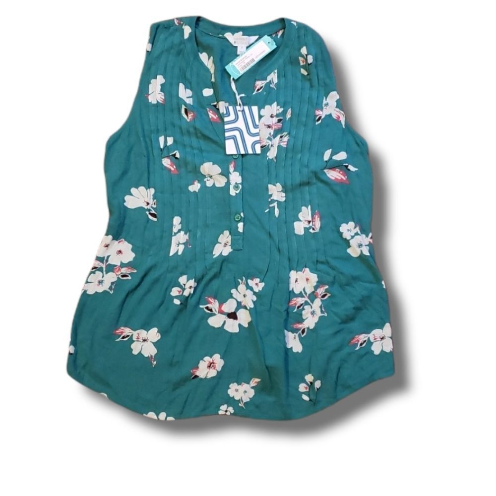 Market & Spruce Hemingway Henley Top Green Floral Pintuck Sleeveless Blouse M